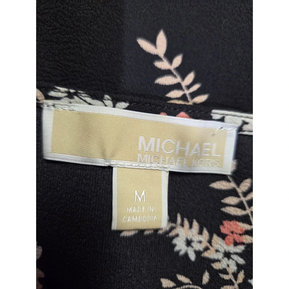 Michael Kors Womens Black Coral Floral V-Neck Flutter Sleeve Blouse Top Medium‎